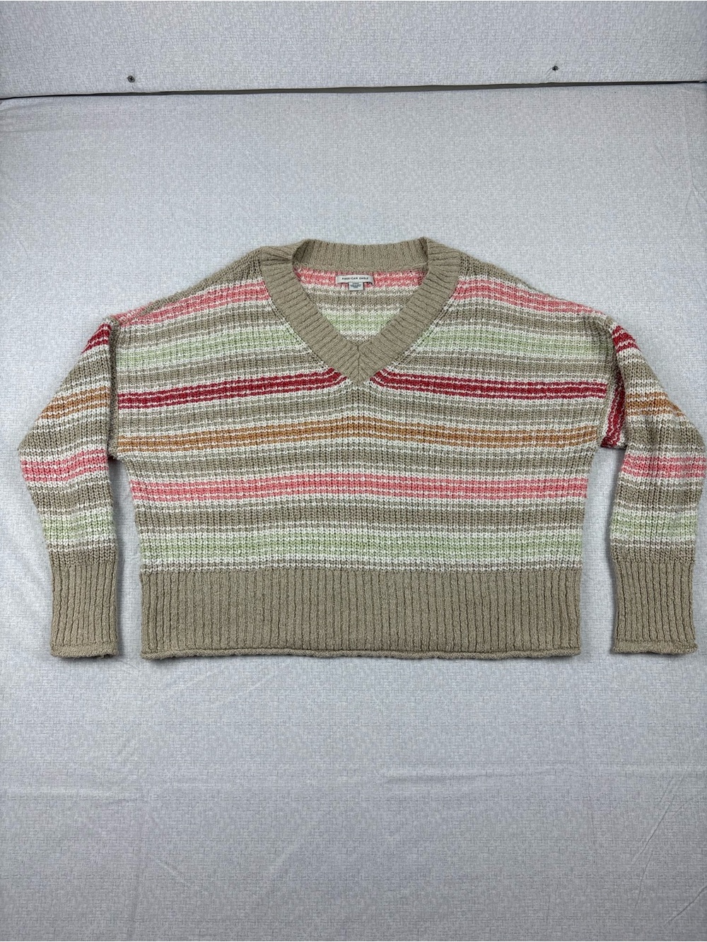 American Eagle Outfitters V-Neck Striped Sweater in Beige, Pink, Green, Red